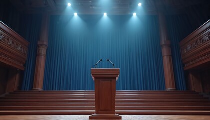 Wooden lecture podium with microphones on stage in conference hall. Blue curtains backdrop with spotlights. Before political event or important debate. Empty hall before public speech