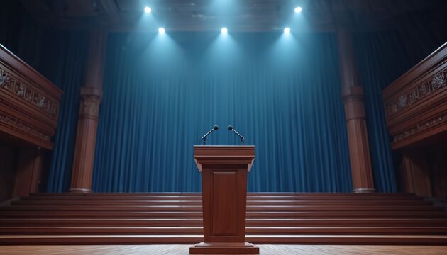 Wooden lecture podium with microphones on stage in conference hall. Blue curtains backdrop with spotlights. Before political event or important debate. Empty hall before public speech