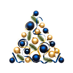 Christmas tree shape made from ornaments and pine needles