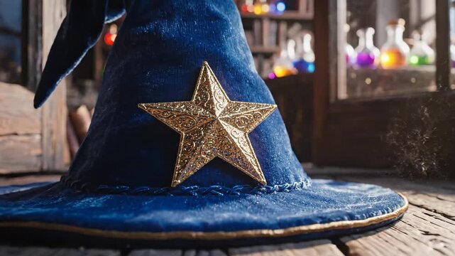 Blue wizard hat adorned with a golden star on a rustic wooden table, magic potions blurred in the background