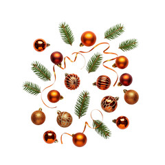 Festive christmas ornaments and pine sprigs scattered on white background