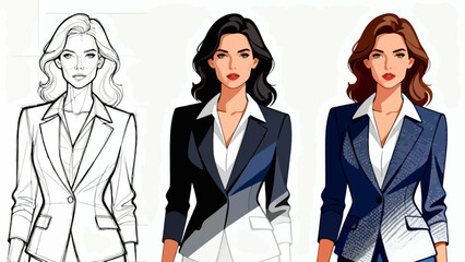 This illustration shows the step-by-step design process of a business man’s suit, from sketch to fully rendered versions with different colors and details, showcasing character design progression.