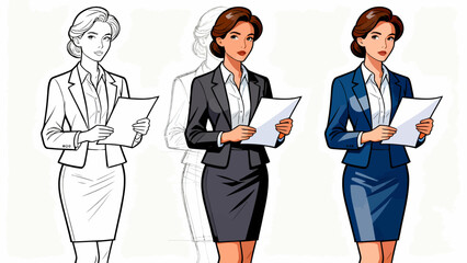 This illustration shows the step-by-step design process of a business man’s suit, from sketch to fully rendered versions with different colors and details, showcasing character design progression.