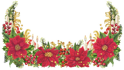 Christmas red poinsettias with flaming candles, vintage gold vignettes, and holly berries. Watercolor template for home decor, cards, greetings, labels, stickers, scrapbooking, and greeting cards
