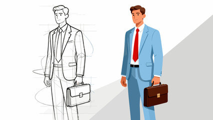 This illustration shows the step-by-step design process of a business man’s suit, from sketch to fully rendered versions with different colors and details, showcasing character design progression.