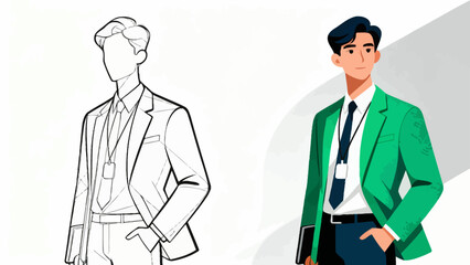 This illustration shows the step-by-step design process of a business man’s suit, from sketch to fully rendered versions with different colors and details, showcasing character design progression.