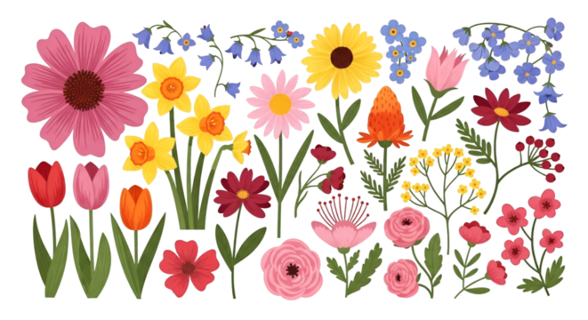 Assortment of Colorful Illustrated Flowers on Black Background - Powered by Adobe