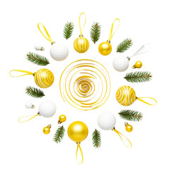 Festive white and gold christmas ornaments arranged in a circular wreath