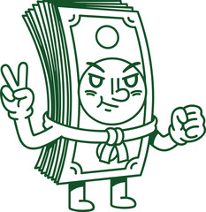 Angry Money Stack Character Cartoon Mascot Outline Illustration, Cash Bundle Showing Peace Sign and Fist, Financial Success and Power Concept, Line Art Vector Graphic Isolated on White
