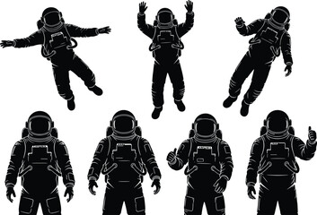 Astronaut Black Silhouettes Set Poses Floating in Zero Gravity, Space Exploration Suit and Helmet, Spaceman Thumbs Up Gesture, Future Scientific Mission Vector Graphics Collection Isolated