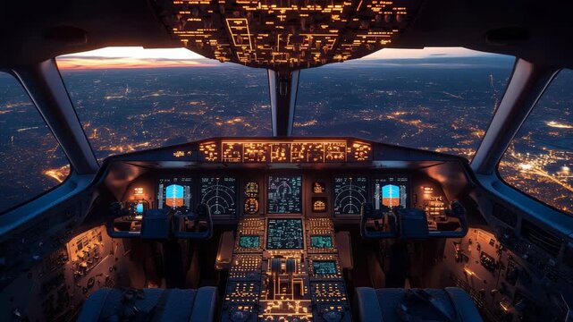 A cinematic view from a glowing airplane cockpit flying over a city at night, a symbol of control and technology, perfect for corporate leadership presentations or global travel promos.