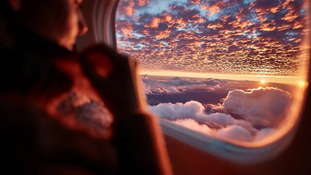A passenger looks out an airplane window at a breathtaking sunset above the clouds, a serene moment of wonder on a dream journey, perfect for travel promos or inspirational videos.