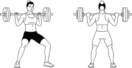 Barbell squat exercise, front and back view, fitness illustration, strength training pose, vector drawing, cad sketch, flat style, workout