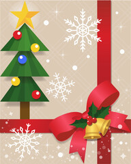 Holiday Gift Box with Red Ribbon and Christmas Tree illustration