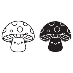 Cute Cartoon Mushrooms in Outline and Silhouette Styles on White Background