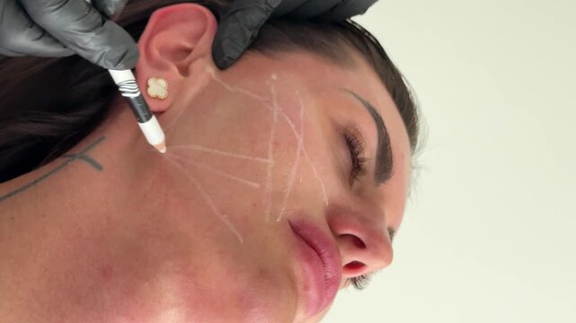 Aesthetic medicine: Close-up of collagen biorevitalization treatment with cannula injection into womans face by cosmetologist in black gloves