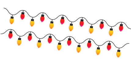 Flat Design Christmas String Lights Vector, Red and Yellow Holiday Bulbs Garland on Transparent Background