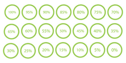 Percentage number icon set vector illustration featuring segmented blue radial pie charts displaying progress from 0% to 100%, perfect for data visualization, infographics, and loading indicators.