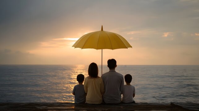 A family sits together under a yellow umbrella by the ocean during sunset enjoying a peaceful moment