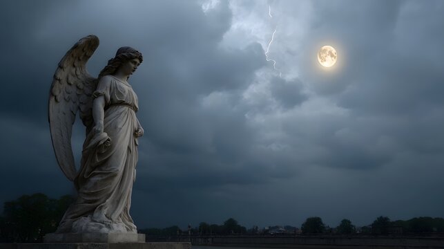 Stone angel statue under a dramatic stormy night sky illuminated by a full moon and lightning