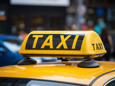 Classic yellow taxi cab in vibrant city setting, evokes urban transport and travel, perfect for transportation and tourism marketing campaigns
