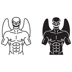 Muscular Winged Skeleton Figure Illustration in Line Art and Silhouette