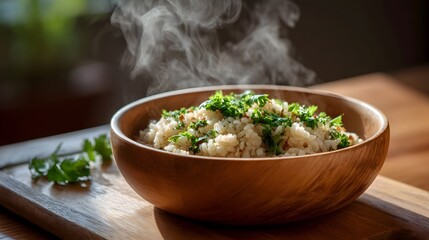 Steaming bowl of hot rice generously garnished with fresh green herbs served on a rustic wooden surface
