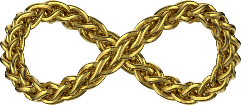 Gold Infinity Sign of Wheat Links Chain. Luxury Jewelry, Necklace or Bracelet. Symbol of Eternal Wealth, Success and Elegance. 3D isolated illustration