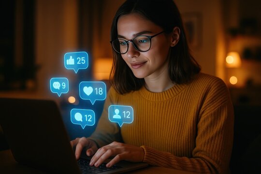 Social Media Engagement: A focused woman in glasses engages with her laptop, digital speech bubbles of likes, comments, and shares, illuminated in a low-light setting.