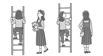 Ambitious girl climbing ladder, seeking opportunity, pursuing dreams, carrying a box, a symbol of progress, growth, and reaching goals, vector illustration