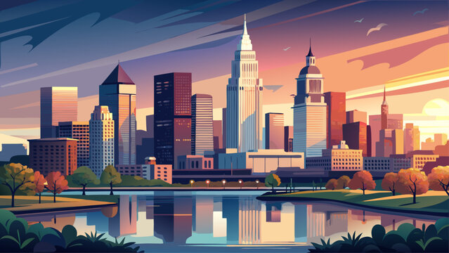 Very beautiful semi-realistic vector view of downtown Cleveland, Ohio, featuring a clean skyline, modern high-rise silhouettes, calm waterfront, soft evening light, and a clear atmospheric horizon sui