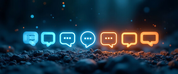 Abstract illustration of glowing chat bubbles with digital communication on dark background concept