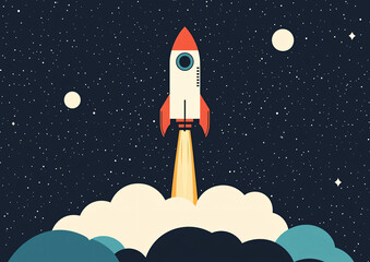 Rocket Launching Into Space with Stars and Clouds in Background