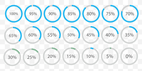 Percentage infographics flat elements. Round diagrams icons for infographics from 0 to 100 percent. Circle graph loading progress templates. Green, grey color fill divided pie charts indicators