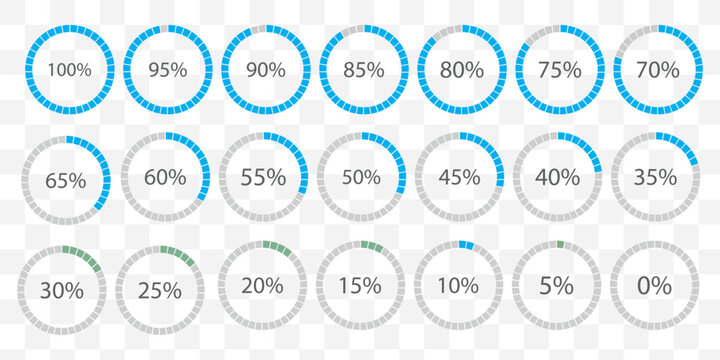 Percentage infographics flat elements. Round diagrams icons for infographics from 0 to 100 percent. Circle graph loading progress templates. Green, grey color fill divided pie charts indicators