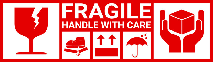 fragile warning set in red and white. sticker for packaging. handle with care, keep dry, this side up label. red sign label