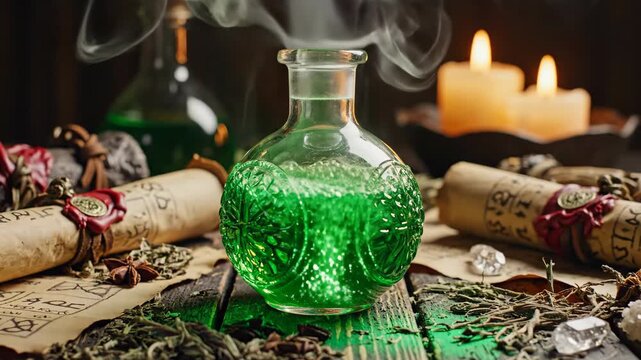 A bubbling green potion in a decorative glass flask sits on a rustic wooden table, surrounded by aged scrolls, dried herbs, and two lit candles emitting smoke.