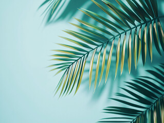 Fototapeta premium Lush Green Palm Leaves Against Soft Mint Background for Natural Vibe