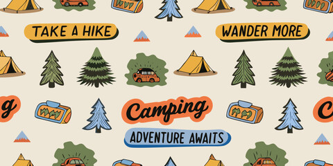 Cute hand drawn camping adventure pattern with tents cars trees and mountains