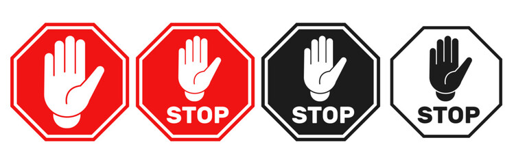 Prohibitory sign with open human palm and word stop in octagon. Red or black warning icons of entrance restriction. Traffic forbid. Driving pictogram. Vector ban attention symbols set