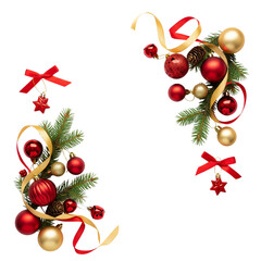 Festive christmas corner decorations with ornaments and ribbons