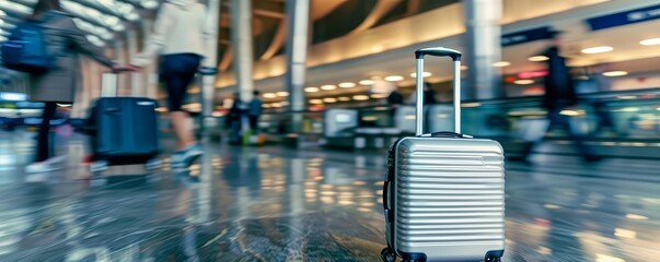 Luggage in Busy Airport Terminal with Blurred Travelers and Shiny Floor Low Angle Perspective Travel Concept
