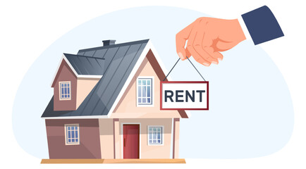 House and hand with Rent sign. Renting out residential building Realtor agent arm. Rental property board. Realty sale deal. Suburb architecture. Broker holding signboard. Vector concept