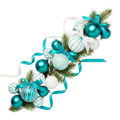 Teal and white christmas ornaments with ribbons and pine sprigs