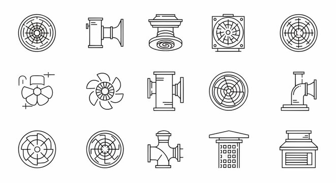 Vector line art icon set illustrating essential HVAC system components industrial fans, ventilation grilles, exhaust vents, air filters, and various pipe fittings