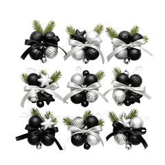 Elegant black and white christmas ornaments with pine sprigs and ribbons