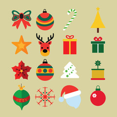 Colorful Christmas vector icons featuring a gift box, candy cane, star, snowman, Christmas tree, poinsettia, stocking, bell, and ornament. Festive flat-design symbols perfect for holiday and winter pr