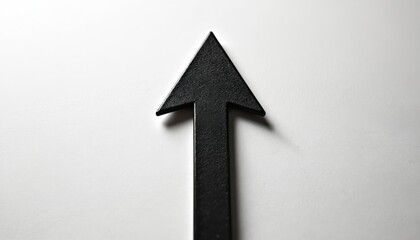 Black arrow points up on white background. Sign directs upwards. Simple graphic element direction, movement. Arrowhead shows way forward. Image represents progress, aiming higher for business