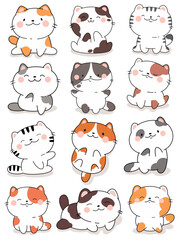 Collection of cute kawaii cats, happy cats, animal characters.