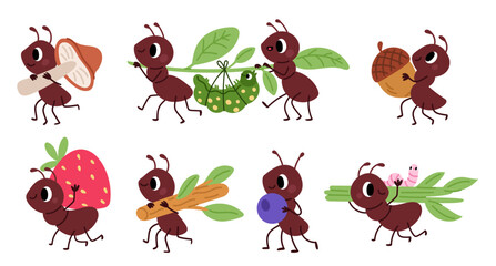Naklejka premium Cartoon hardworking ants carry food to anthill. Arthropods holding caterpillars and fruits. Natural funny creatures. Cartoon pismire characters. Mushroom and berry. Vector isolated set
